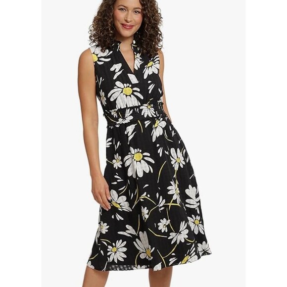 London Times Dress Cinched Waist Ruffle Collar‎ Daisy Midi Black White LARGE NWT - Picture 1 of 13